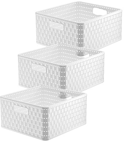 Rotho Country 3er-Set Aufbewahrungsbox Rattan-Optik, Kunststoff (PP) BPA-frei, Weiss, 14l, (32,8 x 30 x 16 cm)
