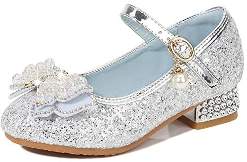 YOSICIL Principessa Scarpe con Tacco da Bambine e Ragazze con Fiocchi Scarpe da Principessa con Paillettes Ragazza Ballerine Glitterate Scarpe Eleganti Partito e Carnevale,Argento,29