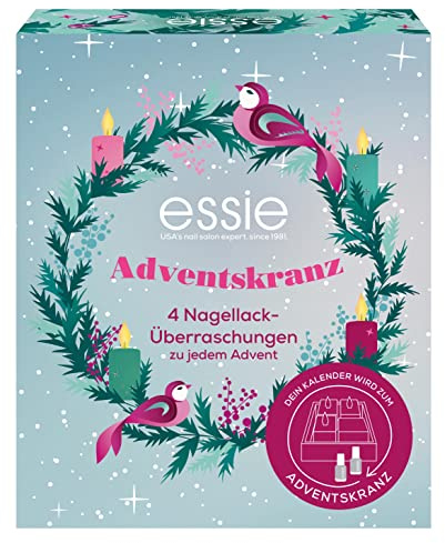 essie Adventskranz 2022 für Nagellack Liebhaber, Mini Weihnachtskalender hinter 4 Türchen, Beauty Adventskalender, Überraschungen zur Maniküre und Nagelpflege, 4 Artikel für Makeup- und Kosmetik-Fans