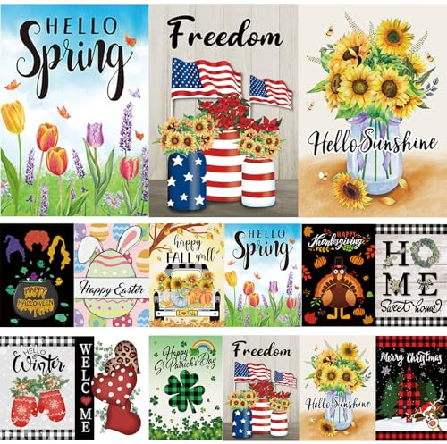Pating Seasonal Garden Flags Set of 12 Double Sided 12 x 18 Inch, Small Yard Flags for Outside, Christmas Halloween Easter Valentine's Day Outdoor Decor, Holiday Garden Decorations for All Seasons