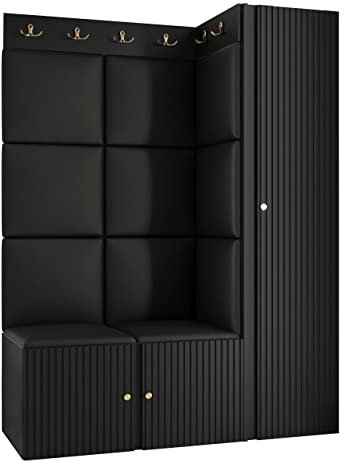 Mirjan24 Garderoben-Set Kirtan Slim IX, Kleiderschrank, Schuhschrank mit 6 Fächer + Kleiderhakenbrett, Gepolstertes Paneel/Wandpaneel, 4 Doppelhaken, Flurgarderobe Wandgarderobe (Schwarz, Soft 011)