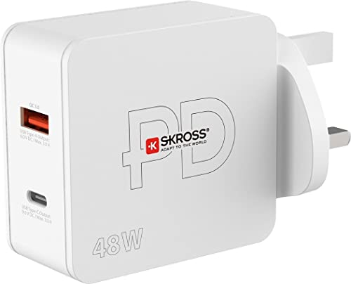 SKROSS - USB Wall Charger - UK Plug Wall Charger - 1 x USB-C Power Delivery 48W - 1 x USB-A Quick Charge 3.0 18W - USB-C Cable 160cm Included