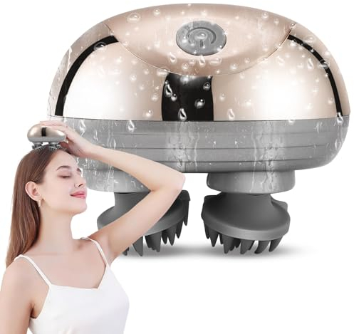 Electric Scalp Massager, Portable Waterproof Mini Head Massager, 3 Modes Massage Methods Relax Nerves, 96 Silicone Contact, Stimulates Hair Growth & Deep Clean, for Head Neck Leg Body, Gold