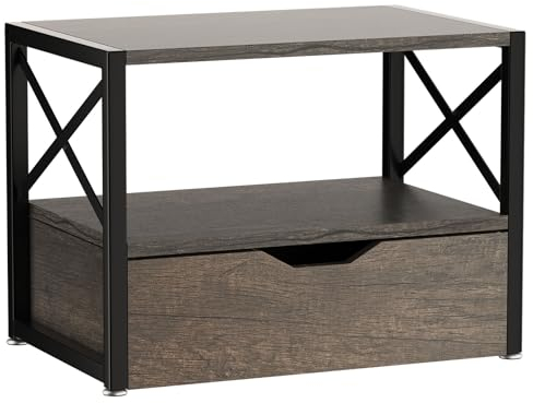 IBUYKE Support d'imprimante de Bureau à 2 Niveaux, Organiseur Multifonctionnel en Bois avec tiroir de Rangement pour dossiers, Livres, Fax, Scanner, Gris TLJ006G