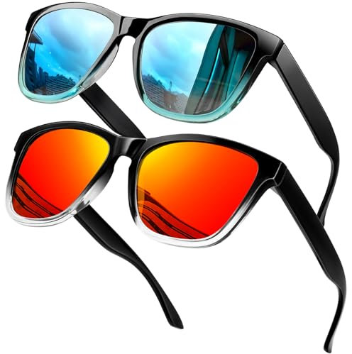 KANASTAL 2 Pack Orange Sunglasses Womens Polarised Mens Square Blue Red Mirrored Vintage Retro Anti Seawater Ladies UV400 Protection - Blue Lens + Red Lens