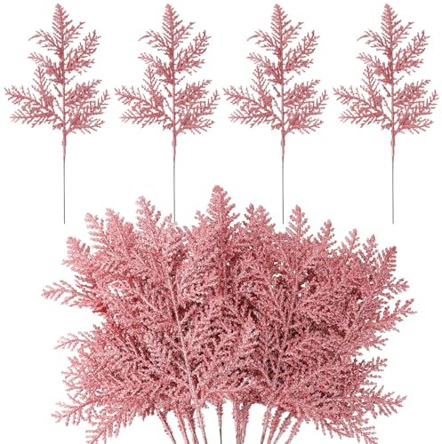 MWOOT 16 Pièces Fausses Branches de Pin de Noël, Feuilles Artificielles à Paillettes Rose, Tiges de Sapin pour Guirlande Arbre de Noël Table Fêtes de Mariage Maison Jardin Décoration