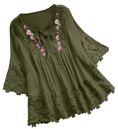 Keepink Tunic Tops for Women UK Plus Size 16-30 Cotton Linen Embroidered Top Lace V Neck 3/4 Sleeve T Shirts Summer Oversized Blouse Pullover Shirts Boho Peasant T-Shirts Trendy