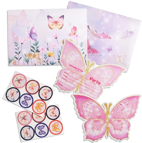 NTGFU Butterfly Party Invitation Kids 12PCS Party Invitation Card, Pink Party Supplies with Envelopes Stickers for Girls Boys Butterfly Party Birthday Baby Shower Wedding Decor Celebration