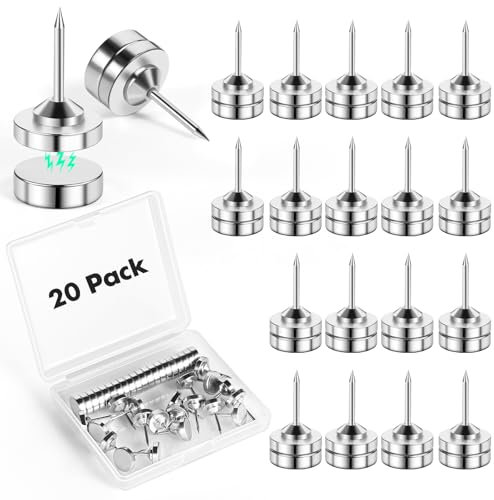 GOOLADA 20 Sets Magnetic Push Pins, Silver Magnetic Tacks, Thumbtacks for Hanging, Poster Hanger, Push Pin Plips, Thumb Tacks for Wall, Push Pins for Bulletin Board Cork Board, Cubicle Accessories
