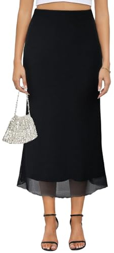 Women's Y2k Mesh Midi Skirt Elastic High Waisted Floral Print Bodycon Mermaid Long Skirts for Women Black