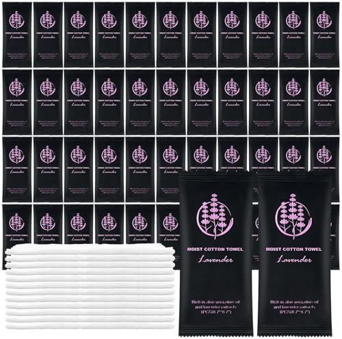 Moist Cotton Towel Bulk Moist Towelettes Individually Wrapped,White Towel Services,Refreshment Pre Moistened Towels for Dentist Travel Sport Party Hotel （Lavender,50)