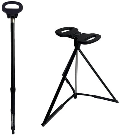 Bastone da Passeggio, Bastoncini Trekking Pieghevole Retrattile da 87-98 cm con Seduta Sedia Pieghevole Portatile Regolabile in Altezza da 46-53 cm con Supporto A Quattro Gambe Per Anziani e Adulti