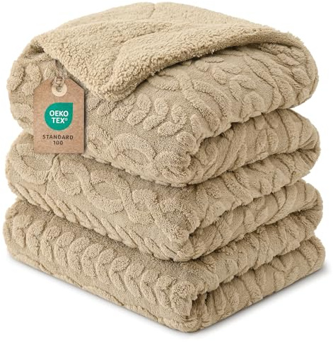 PHF Soft Sherpa Fleece Blanket Double, Wheat Jacquard Khaki, 152x203cm | 510GSM Fleece for Bed Couch, No Shed No Pilling, Warm, Cozy & Thick for Winter, Aesthetic Home Decor, Gift for Lover