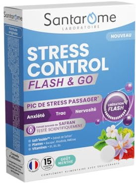 SANTAROME Stress Control Flash & Go Safran - Vitamines B - 15 Comprimés | Safran breveté - Soutient le système nerveux - En cas de pic de stress passager - Format nomade goût menthe - France