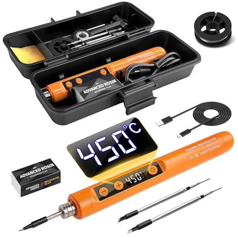 Flintronic Cordless Soldering Iron Kit, Portable Soldering Irons with LED Display, Adjustable Temperature 180°C-450°C, Rechargeable USB Soldering Iron for DIY Projects, Home Appliance Repair-Orange