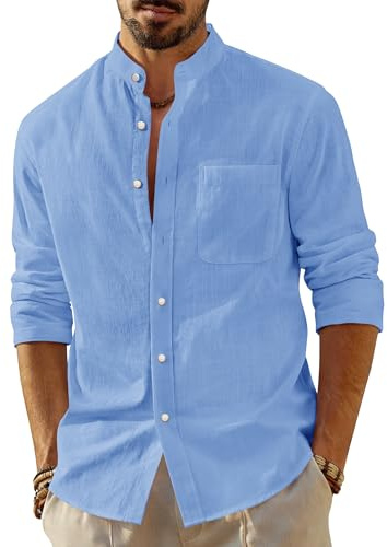 J.VER Men's Linen Shirts Long Sleeve Grandad Collar Summer Regular Fit Casual Shirt Button Down Banded Collar Tops
