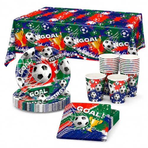 AURALIN Football Party Tableware Set 53 Pieces for 16 Guests, 2026 World Cup Decorations with Plates Cups Napkins Tablecloth, Goal Design Sports Event Fan Party Supplies