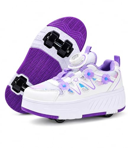 FANSU Chaussures à roulettes Fille 4 Roues, Baskets 2 en 1 avec Roues Amovibles, Chaussures de Patinage Respirantes avec Bouton Rotatif, Cadeau pour Enfants 3-16 Ans