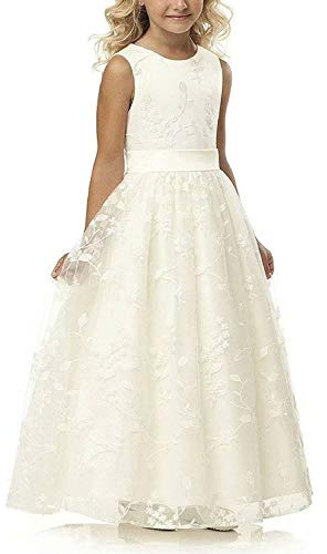 A line Wedding Pageant Lace Flower Girl Dress with Belt (Size 8, Ivory)