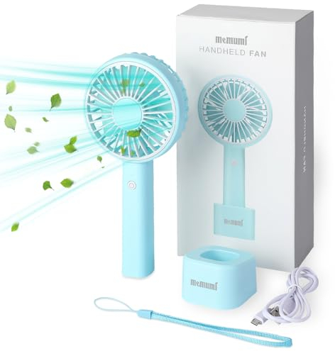 memumi Handventilator mit 3 Geschwindigkeiten, Fan USB wiederaufladbare tragbare Tischventilator Handheld-Ventilator für Home Office Travel, mit abnehmbaren Sockel & Fingerschlaufe & USB-Kabel - Blau