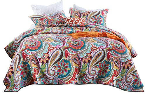 Qucover Bettwäsche-Sets für Queen-Size-Betten, 3-teilig, Mehrfarbig, Paisley-Baumwolle, Queen-Tagesdecke, Steppdecke mit 2 Kissenbezügen, Patchwork-Bettwäsche-Set (Queen-Size-Bett 228 x 248 cm)