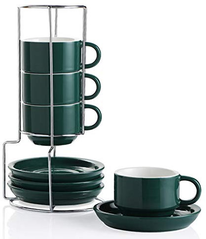 Sweejar Porcelain Espresso Cups with Saucers, 4 Ounce Stackable Cappuccino Cups with Metal Stand for Coffee Drinks, Latte, Tea - Set of 4 (Jade)