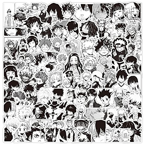 DMF Pegatinas Mixtas de Anime - 100 Unidades en Blanco y Negro, Impermeables de Vinilo, Clásicas para Portátil y Botella de Agua