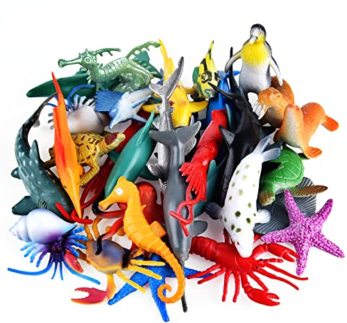 PLULON 32Pcs Meerestierfiguren Spielzeug, Meeresbewohner Tierspielzeug Kinder Spielfiguren Kunststoff Tiere Kuchendeckel für Kinder Party Favor Supplies, Geburtstagsgeschenke