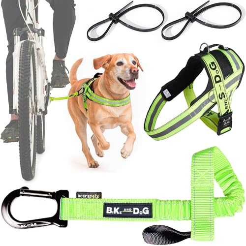 BIKE AND DOG - Dog leash and dog harness for bicycle, harness with side rings, includes 2 bicycle straps. Patented. (Yellow, Leash-harness L)