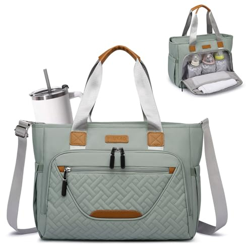 FHELAD Diaper Bag Tote, Large Tote Diaper Bag with 16 Laptop Compartment, Baby Bag with Insulated Pocket for Mam and Dad, Ideal for Travel, Work (Morandi Grey)