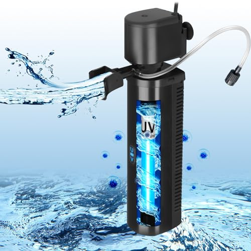 Filtre d'aquarium pour Bassins de 150-560 litres, 7W Anti-algues Clarificateur U-V Filtre Intérieur 1500L/h Pompe Submersible pour Aquariums d'eau Douce et D'eau Salée Cristal Clair Destructeur D'algu