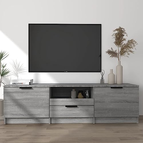 TJROO Sonoma Meuble TV avec tiroirs, gris, 140 x 35 x 40 cm, bois multicouche, console pour salon et télévision