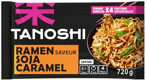 TANOSHI - Ramen Précuites Saveur Soja Caramel - Nouilles Japonaises Instantanées - Format Familial - Idéal pour 4 Personnes - 720 g