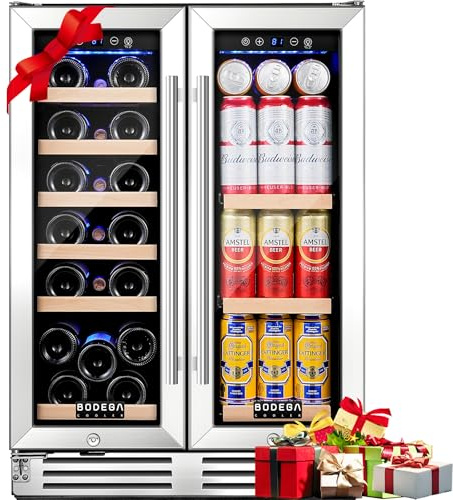 BODEGA 24 Inch Wine and Beverage Refrigerator, Dual Zone Wine and Bar Beverage Cooler, Commercial Black Bar Cooler With 2 Glass Doors, Bar Fridge Hold 19 Bottles and 57 Cans,Built-In or Freestanding.