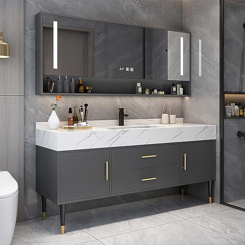 KJHYYPP Tocador de baño de 64 pulgadas y lavabo doble, tocador de baño con iluminación inteligente, armario de espejo antivaho inteligente y estante abierto