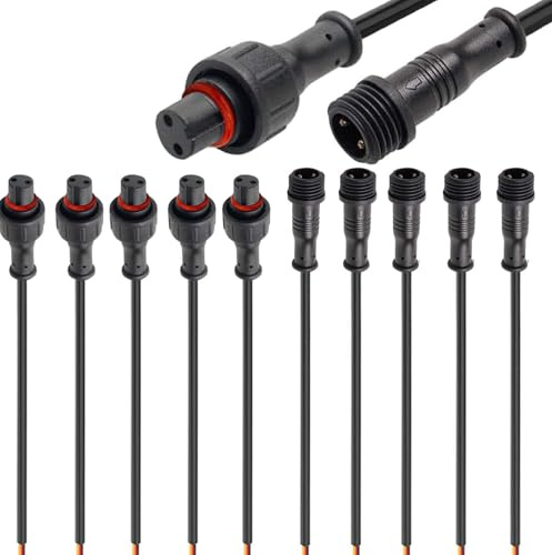 VISSQH 5 Paia 2 pin connettore impermeabile maschio femmina IP67 2 pin Connettore Fili Elettrici Impermeabile,per Cavo da Prolunga 22AWG 20cm,per auto, luci di striscia LED(M12)