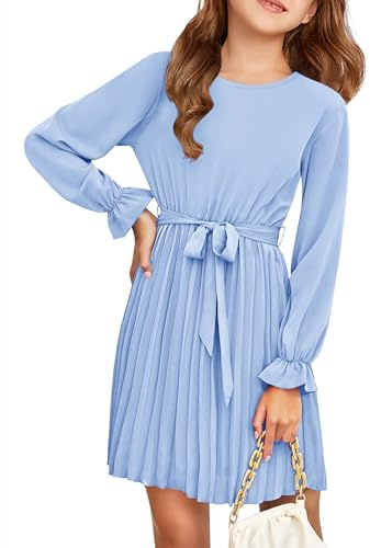 Haloumoning Abito da ragazza elegante a maniche lunghe per bambini, linea ad A, gonna a pieghe con scollo rotondo, abito midi fluente, Blu, 13-14 Anni