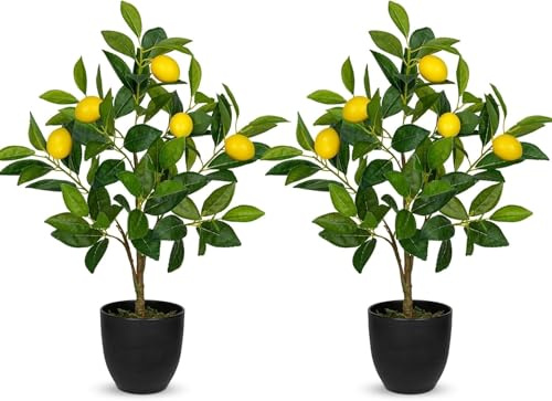 Taozhiyuan Welcome Logo Flowers 2Ft Artificial Orange Trees, 2PCS Large Artificial Lemon Plants for Home Living Room Office, Bedroom Table, Desk for Party and Wedding Decoration(Lemon)