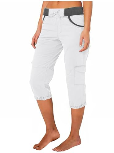 Womens Cargo Capri Pants Knee Length Cotton Capris Summer Casual Fall Drawstring Straight Leg Trousers with Pockets White