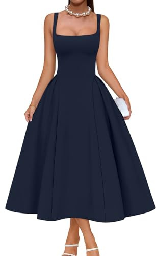 Memoriesea Women's Elegant Square Neck Swing A Line Wedding Evening Party Midi Dress Navyblue