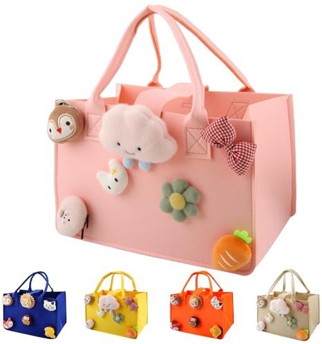 HUANYO Felt Storage Bag for Kids, 30x20x18 cm Colourful Toy Organiser with Handles, DIY Gift Bag for Holidays, Birthday, Christmas Presents (Pink)