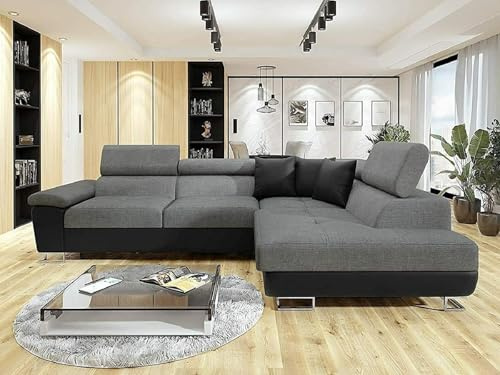Ashbourne Right Hand Corner Sofa Bed with Storage – Grey & Black L Shaped Fabric Sofa Bed – Pull Out Double Sleeper Couch for Living Room