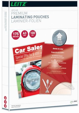 Leitz Heißlaminierfolien A3 175 mic, Laminierfolien in extrastarker Premium-Qualität, 100er Pack, Glänzend, Transparent, Vereinfachtes Einlegen durch UDT, iLAM, 74900000