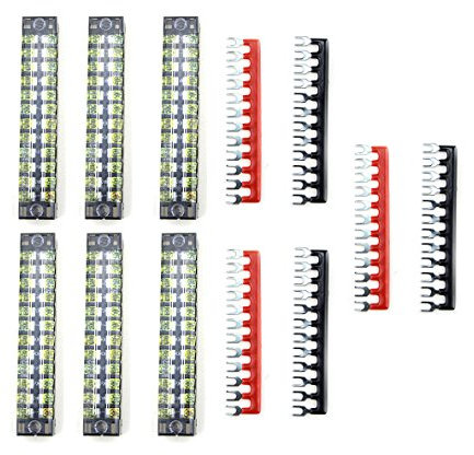 BGTXINGI 12pcs (6 Set) 600V 15A 12 Positions Double Row Screw Terminal Strip and 400V 15A 12 Positions Red Black Pre-Insulated Terminal Barrier Strip