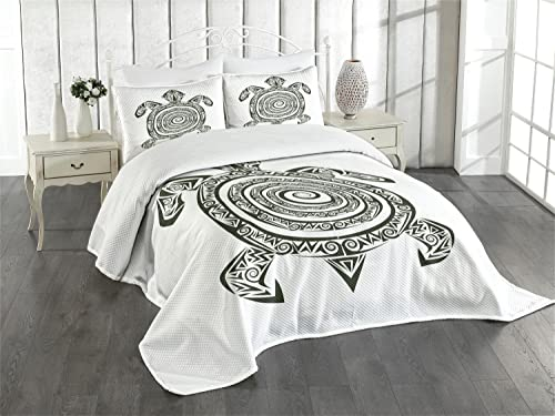 ABAKUHAUS Schildkröte Tagesdecke Set, Alte Schildkröte Maori, Set mit Kissenbezügen farbfester Digitaldruck, für Doppelbetten 220 x 220 cm, Schwarz-weiß