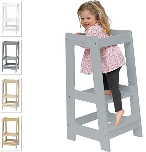 Stepup Baby Montessori Lernturm Tritthocker | Hochstuhl | Höhenverstellbar | Küchenhelfer | Sicherheitsgeländer | Für Kinder von 18 Monaten bis 5 Jahren - Grau