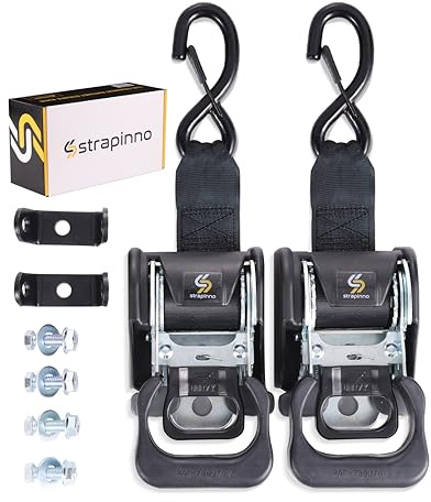 Strapinno 2PCS Retractable Ratchet Straps (1 7/8 in x 4 ft) Heavy Duty Transom Tie-Downs for Boat, PWC Trailer - Extra Mounting Brackets & Bolt Set,Safety Latch S-Hook,Break Strength 2,600LBS/1,180KG