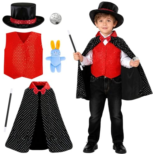 deAO Kids Magician Costume Set, Magic Outfit with Hat Cape for Boys Girls | Kids Magic Dress Up Set with Plush Bunny, Magic Wand & Coin, Ideal for Halloween Party Cosplay & Pretend Play Ages 3-6