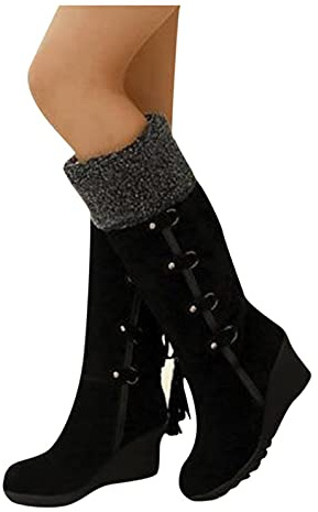 Hbeylia Platform Knee High Boots For Women Fashion Casual Fleece Lining Chunky High Heels Knee Length Winter Snow Boots Thermal Warm Lace Up Tassel Long Boots For Ladies