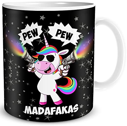 TRIOSK Tasse Einhorn Pew Pew Madafakas mit Spruch lustig Schießendes Unicorn Geschenk Bürotasse für Männer Frauen Einhornliebhaber Kollegen Schwarz